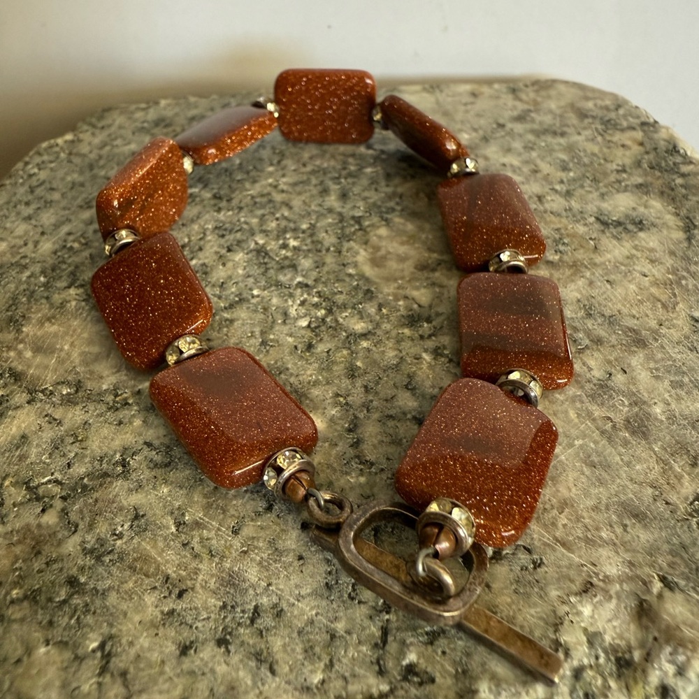Sparkling Vintage Rectangular Goldstone Sterling … - image 1